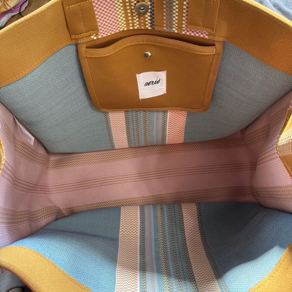 Aerie Large Beach Tote Mustard Yellow Multi Color Striped Accent Panel - Picture 6 of 9